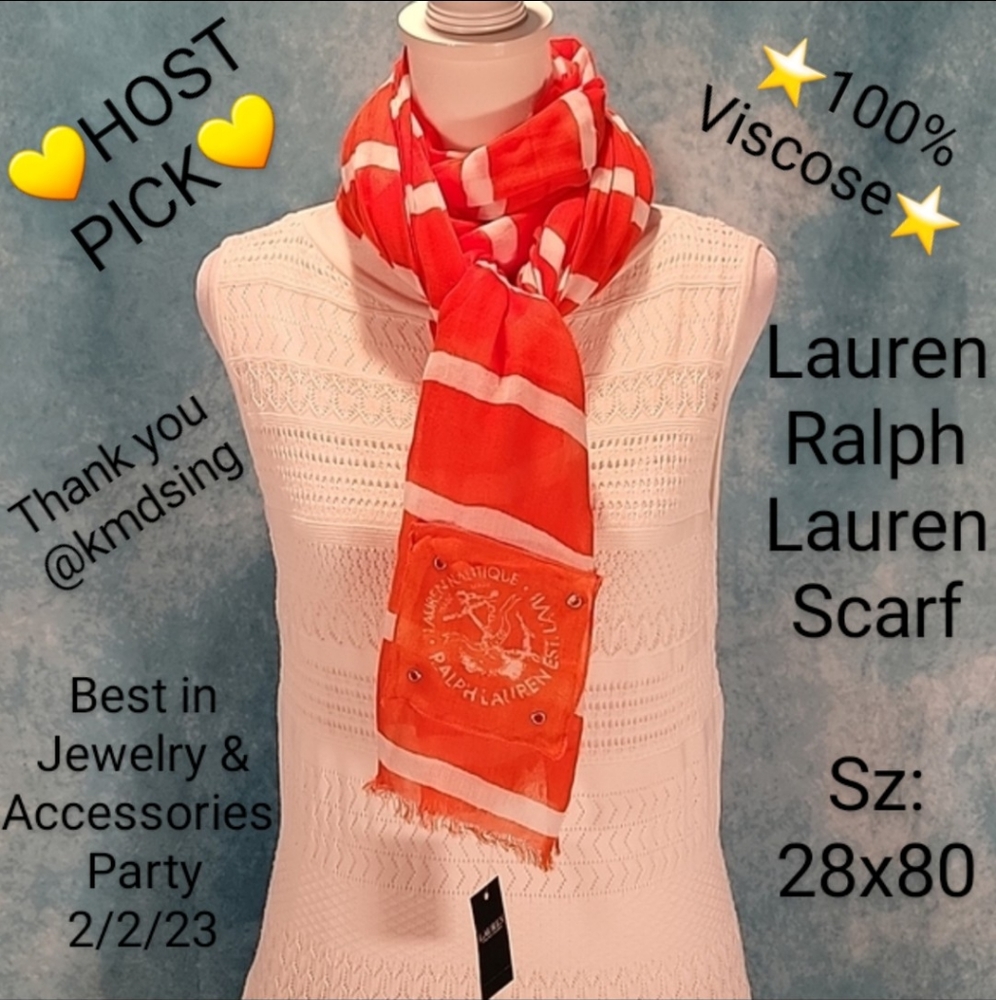 ❤NWT Scarf by Lauren RL- Viscose in Orange w/ White Stripes & Grometted Applique